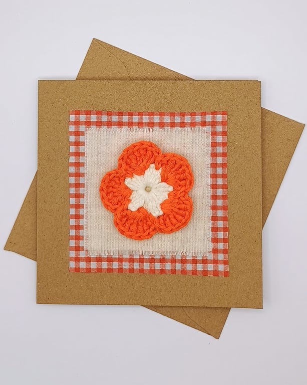 Greetings Card - Crocheted Orange Flower & Gingham Fabric Card - Blank Card