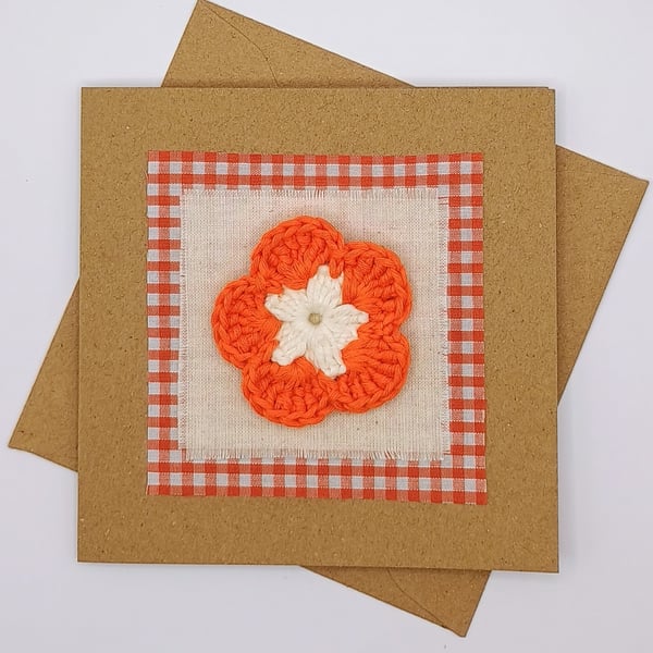 Greetings Card - Crocheted Orange Flower & Gingham Fabric Card - Blank Card