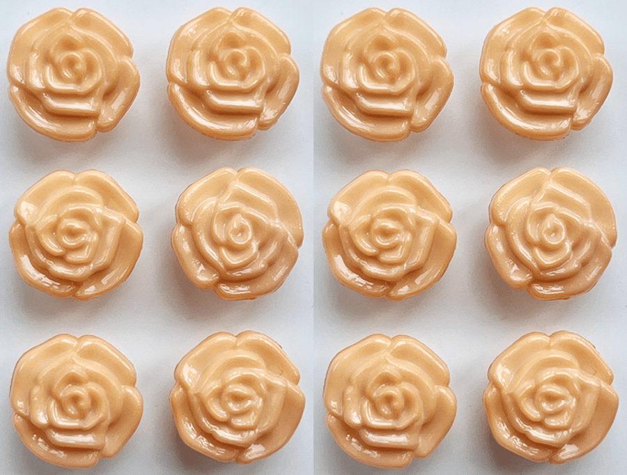 12 Flower Buttons, Peach, Textured Rose Design, 13mm Wide, Glossy Finish