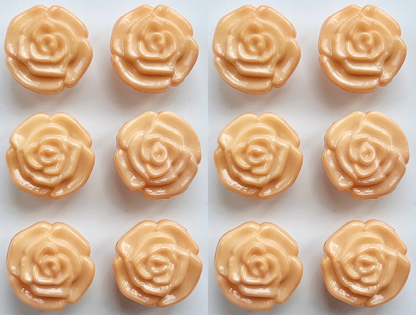 12 Flower Buttons, Peach, Textured Rose Design, 13mm Wide, Glossy Finish