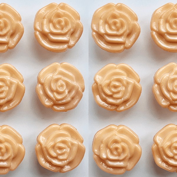 12 Flower Buttons, Peach, Textured Rose Design, 13mm Wide, Glossy Finish