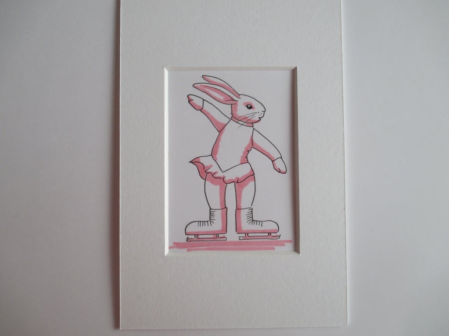 Ice Skating Dancing Bunny Rabbit ACEO original miniature painting in mount