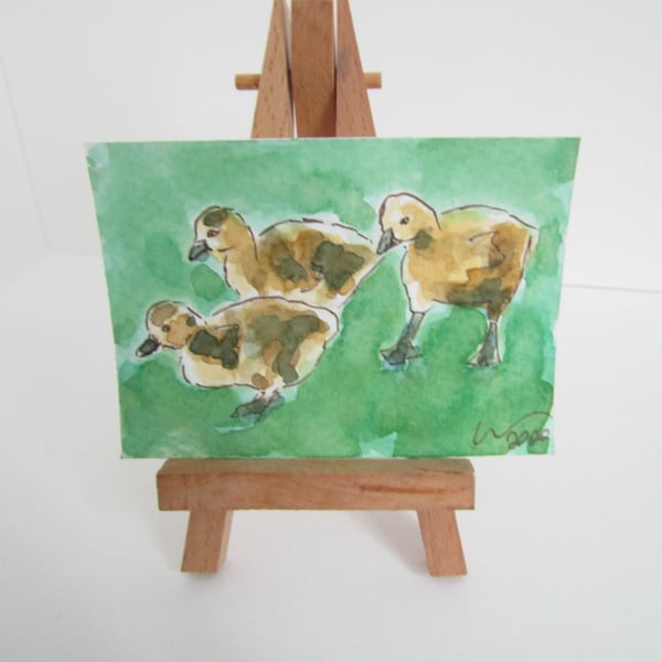 ACEO Art Goslings walk Original Watercolour & Ink Painting OOAK