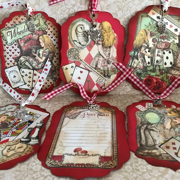 Set 6 Vintage Alice in Wonderland Journal Cards tags Toppers Red
