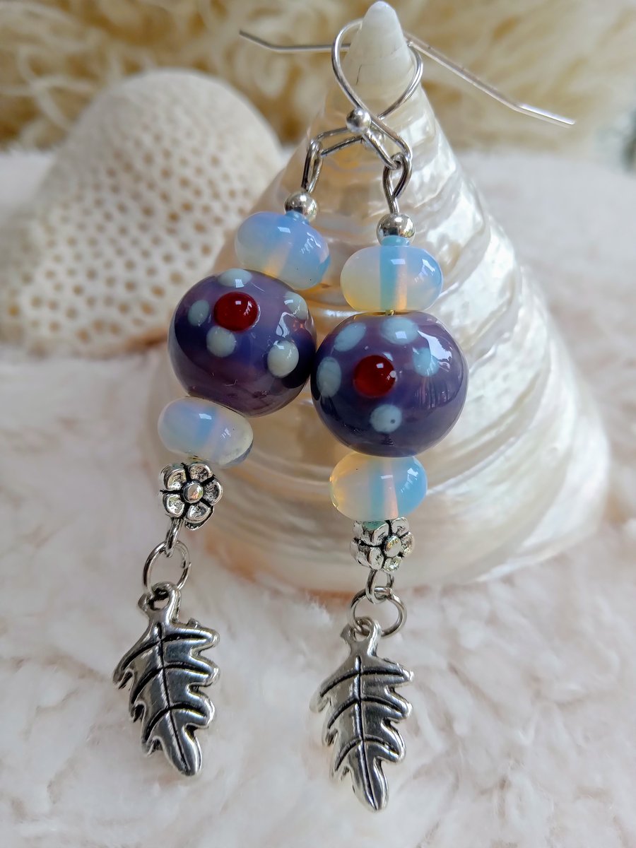 Handmade DOTTY DAISY lampwork glass & moonstone beaded OAK LEAF charm earrings