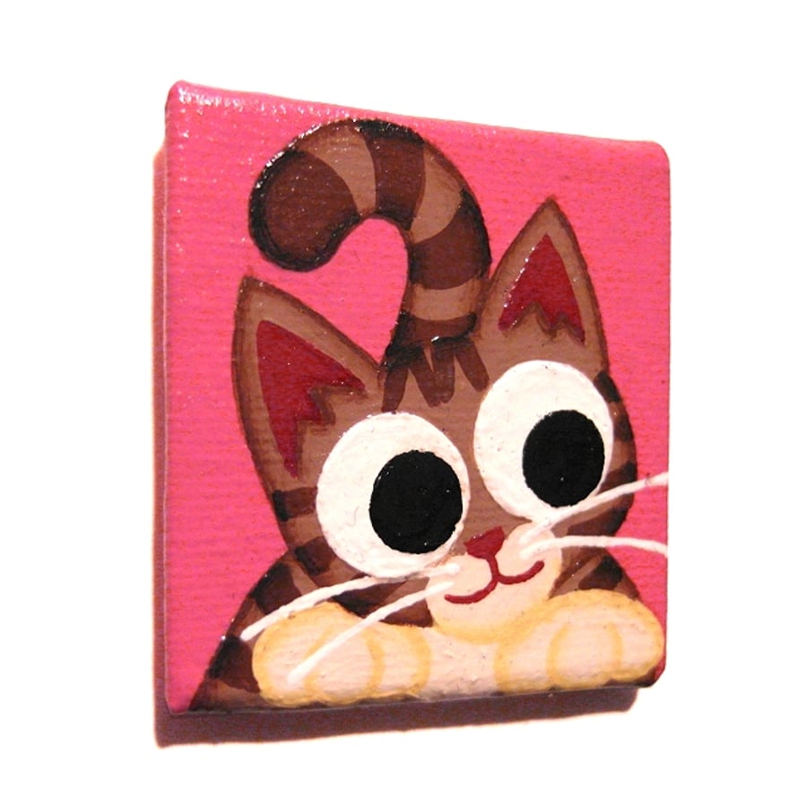 Tabby Cat Fridge Magnet - small original acrylic art with cartoon cat