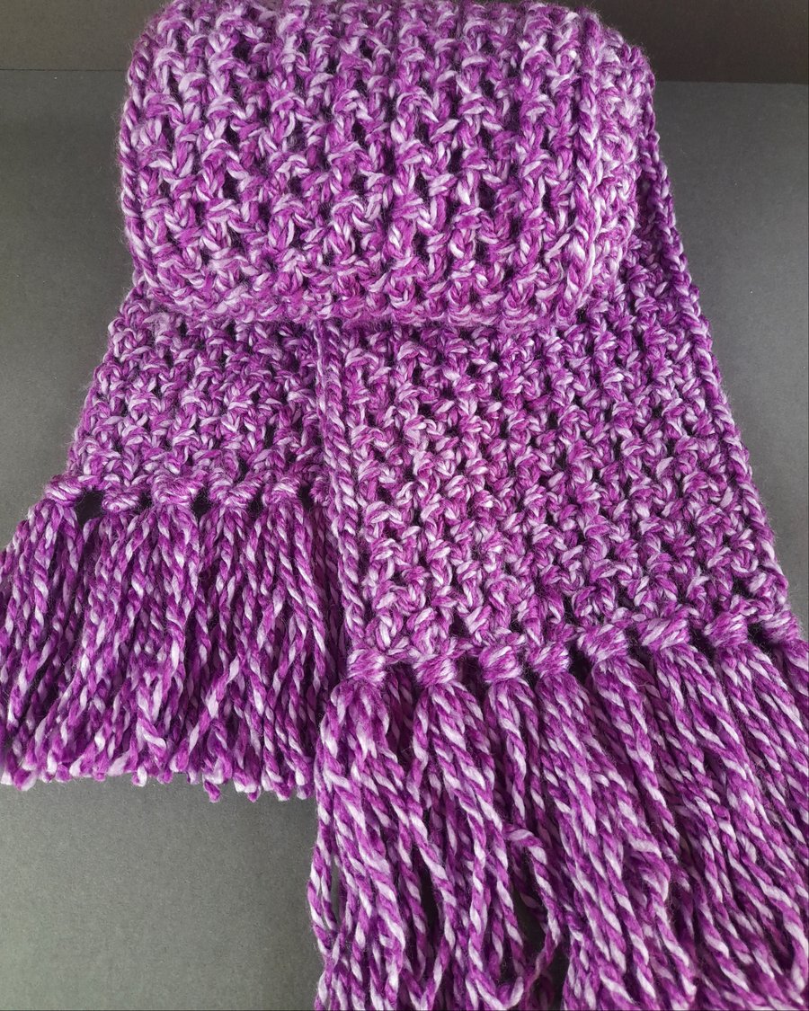 Purple and Lilac Tassel Scarf. Handmade Crochet. The Mossy Nook.
