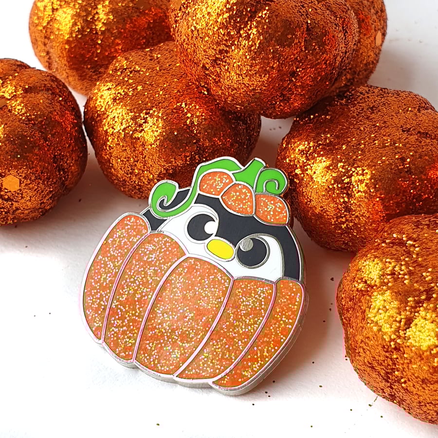 Glitter Pumpkin Penguin Pin Badge Enamel Brooch Halloween Pin
