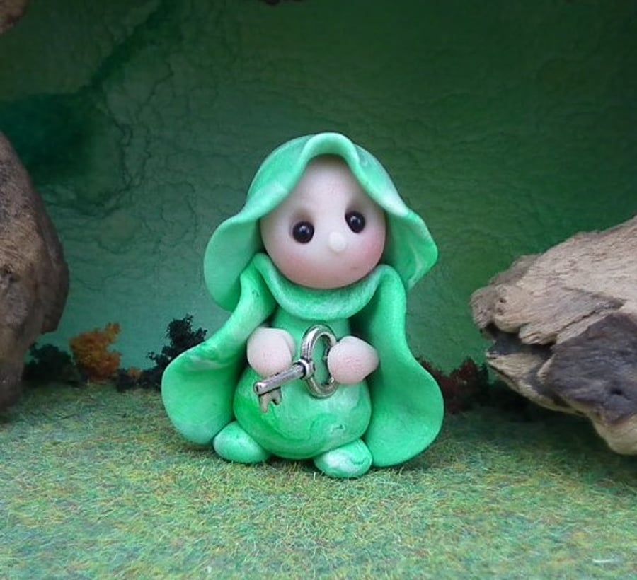 Tiny Garden Gnome 'Rula' with key 1.5" OOAK Sculpt by Ann Galvin