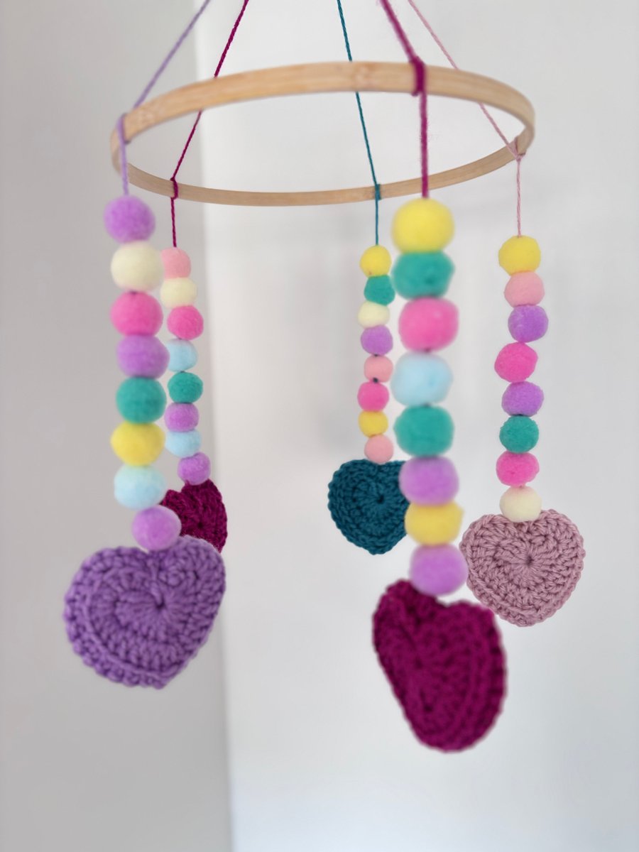 Cot mobile,pom pom hearts cot mobile,baby mobile,felt balls mobile,nursery decor