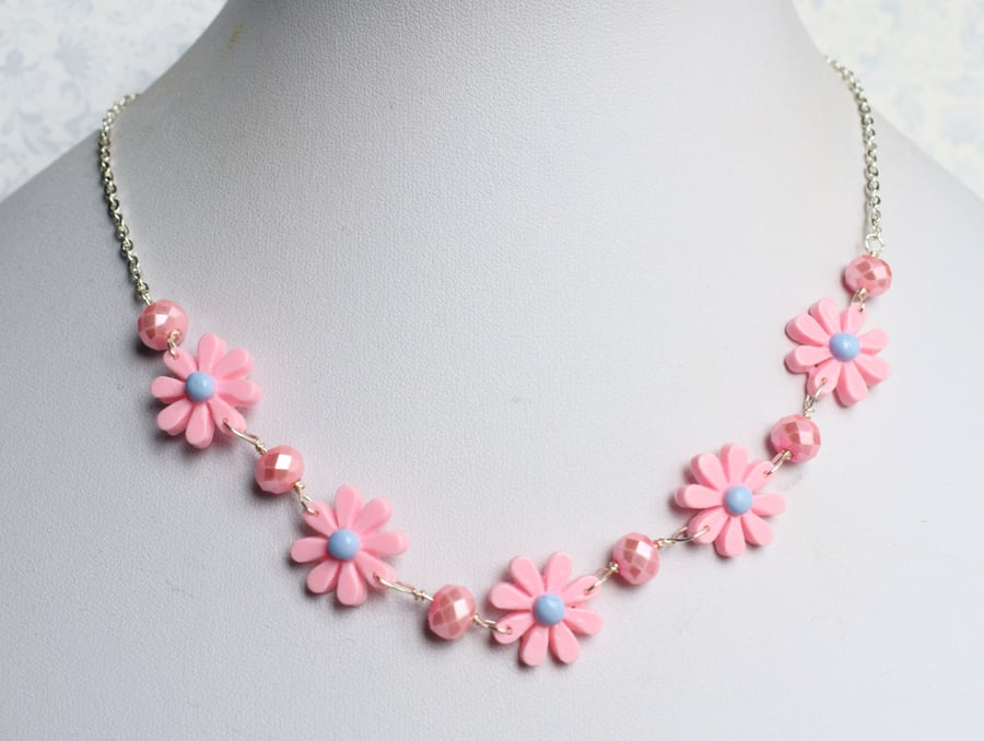 Pink and Grey Flower Link Necklace