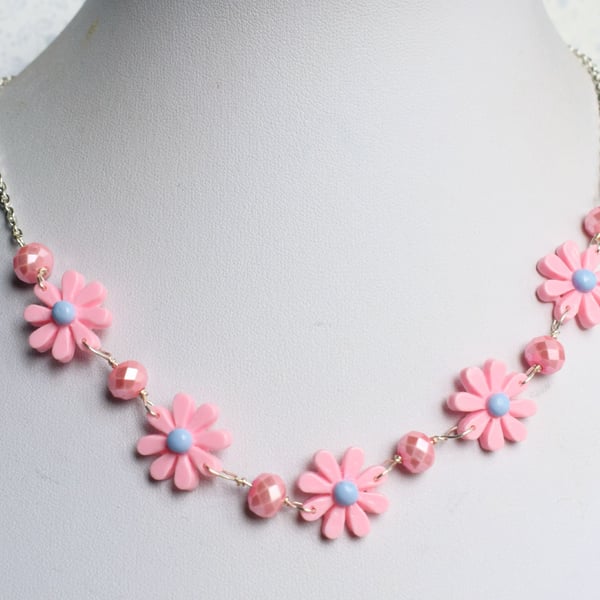 Pink and Grey Flower Link Necklace