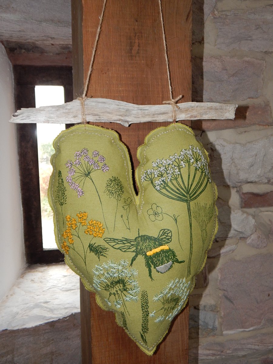 Large Hanging Heart - Screen printed with Bee and Wild flowers - 38cmx 30cm