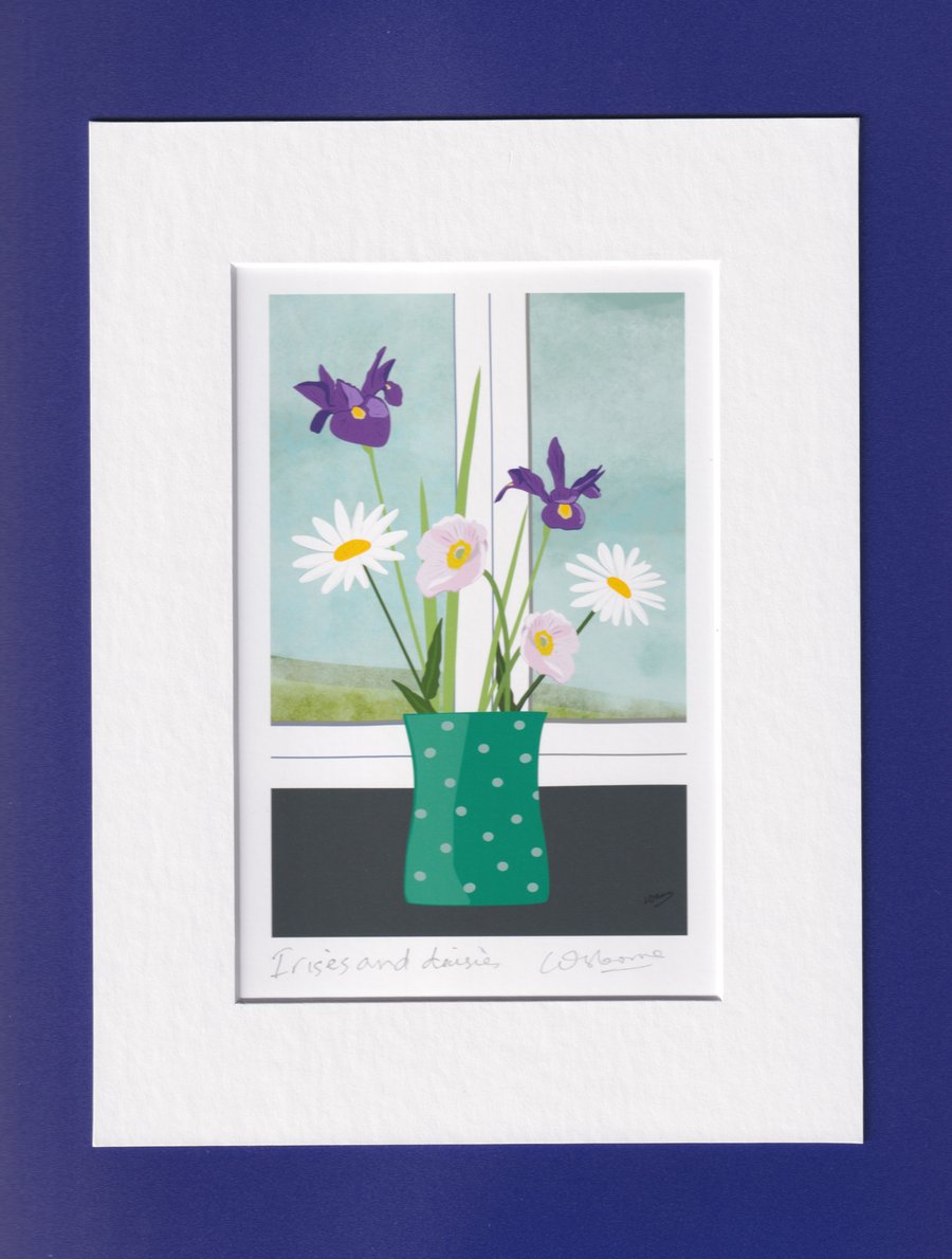 Irises and daisies - summer flowers print with mount
