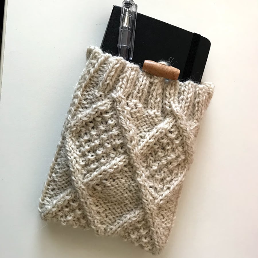 SOLD - Hand knitted aran design pouch in cream