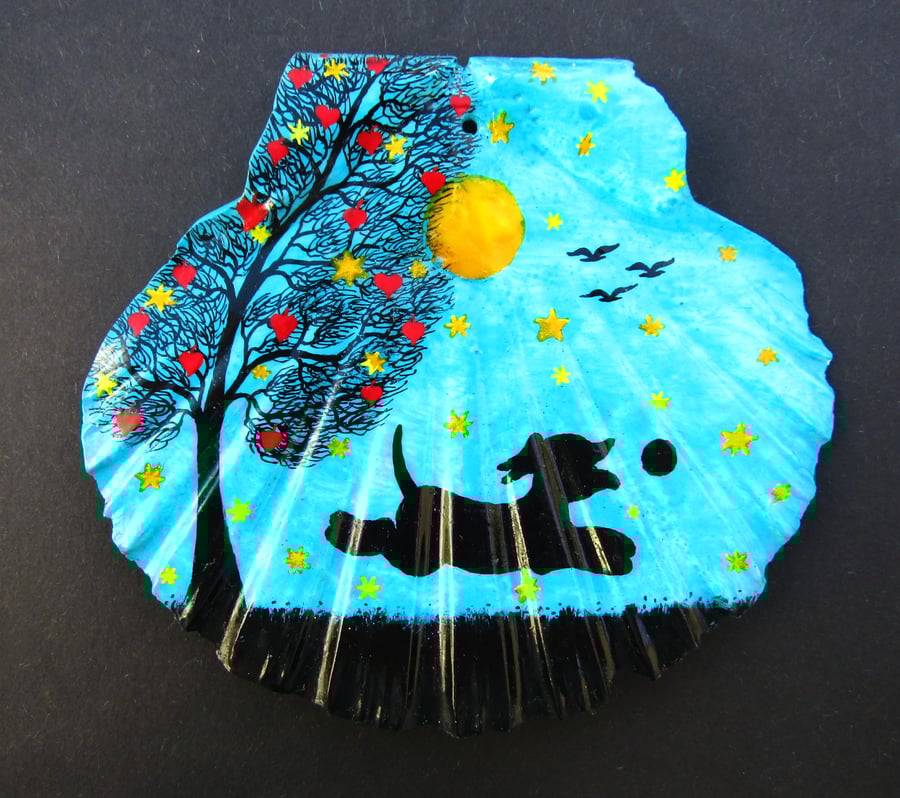Dog Painting on Shell, Moon Stars Tree Dog Ball Silhouette, Hand Painted Gift
