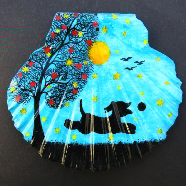Dog Painting on Shell, Moon Stars Tree Dog Ball Silhouette, Hand Painted Gift