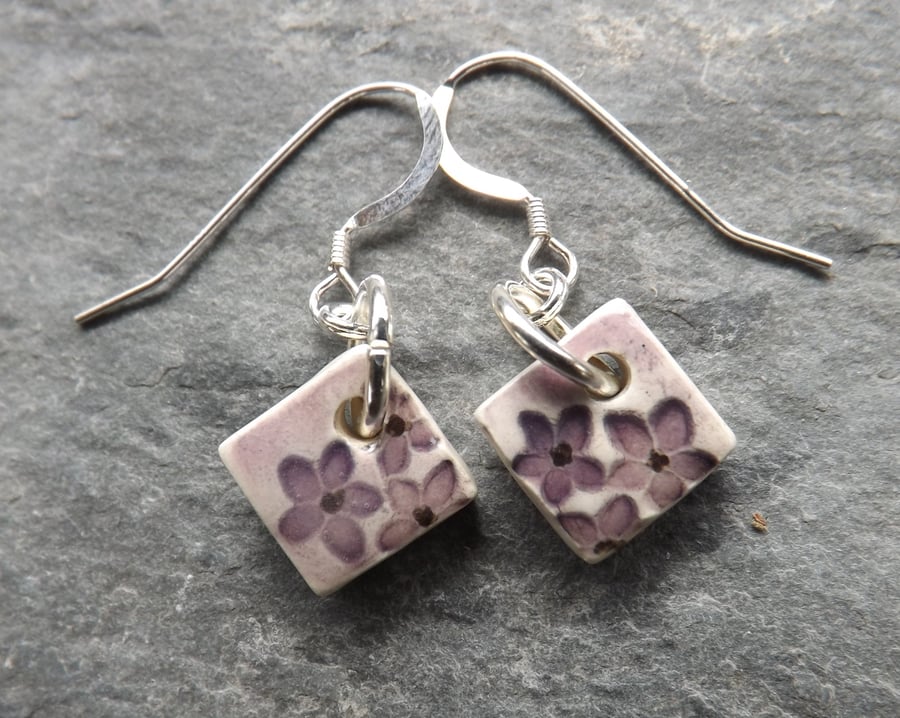 Summer Garden ceramic and sterling silver drop earrings in purple