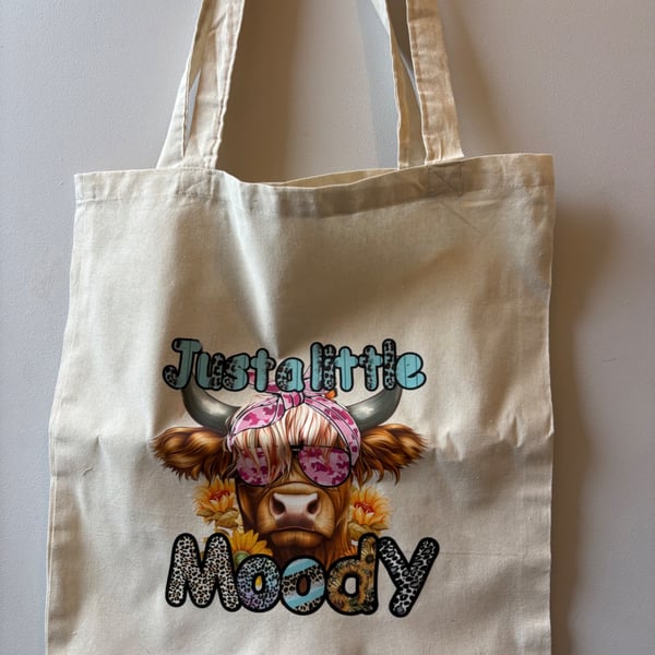 Just a little moody Highland cow tote bag 