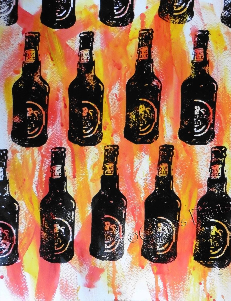 Beer Bottles Hand-Pulled Linocut Print