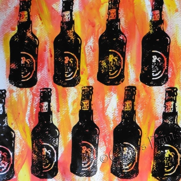 Beer Bottles Hand-Pulled Linocut Print