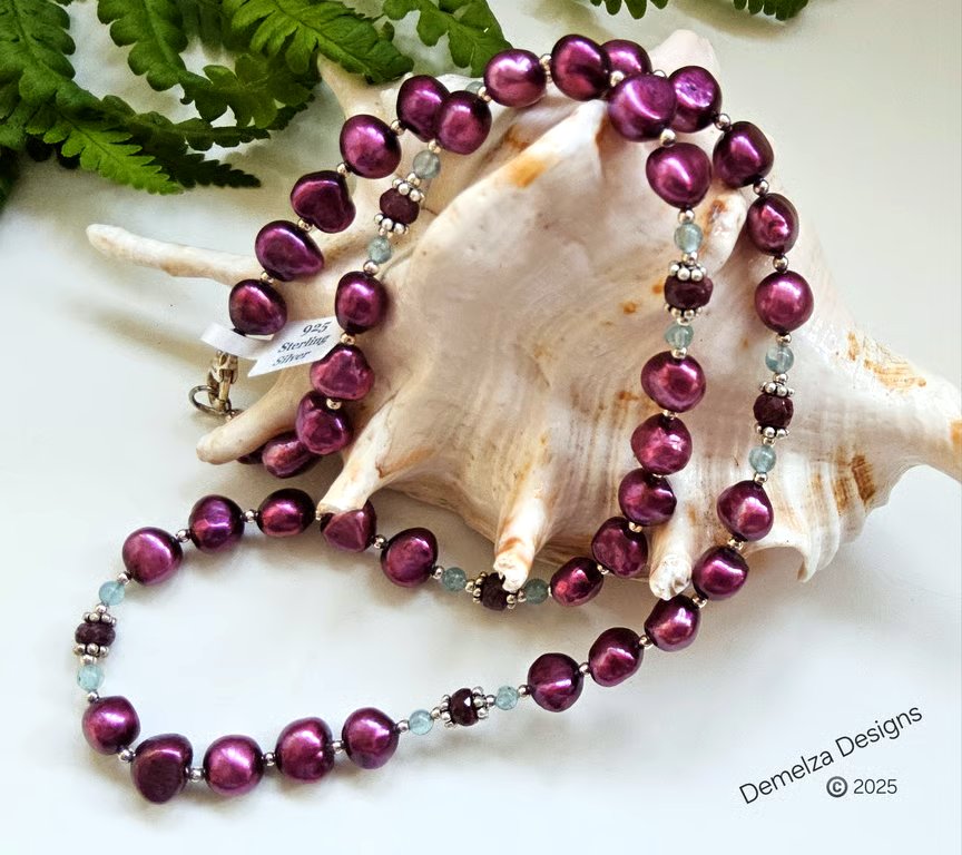 Designer African Ruby, Apatite & Bargue Pearl Sterling Silver Necklace