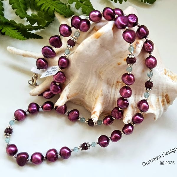 Designer African Ruby, Apatite & Bargue Pearl Sterling Silver Necklace