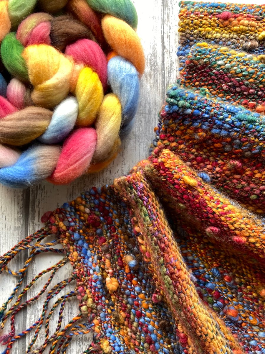 Hand dyed, spun and woven scarf Campfire