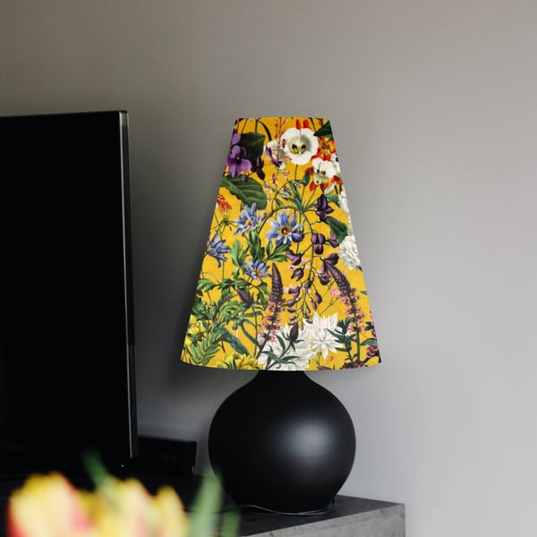Floral summer Velvet cone lampshade, extra tall lampshade in yellow mustard gold