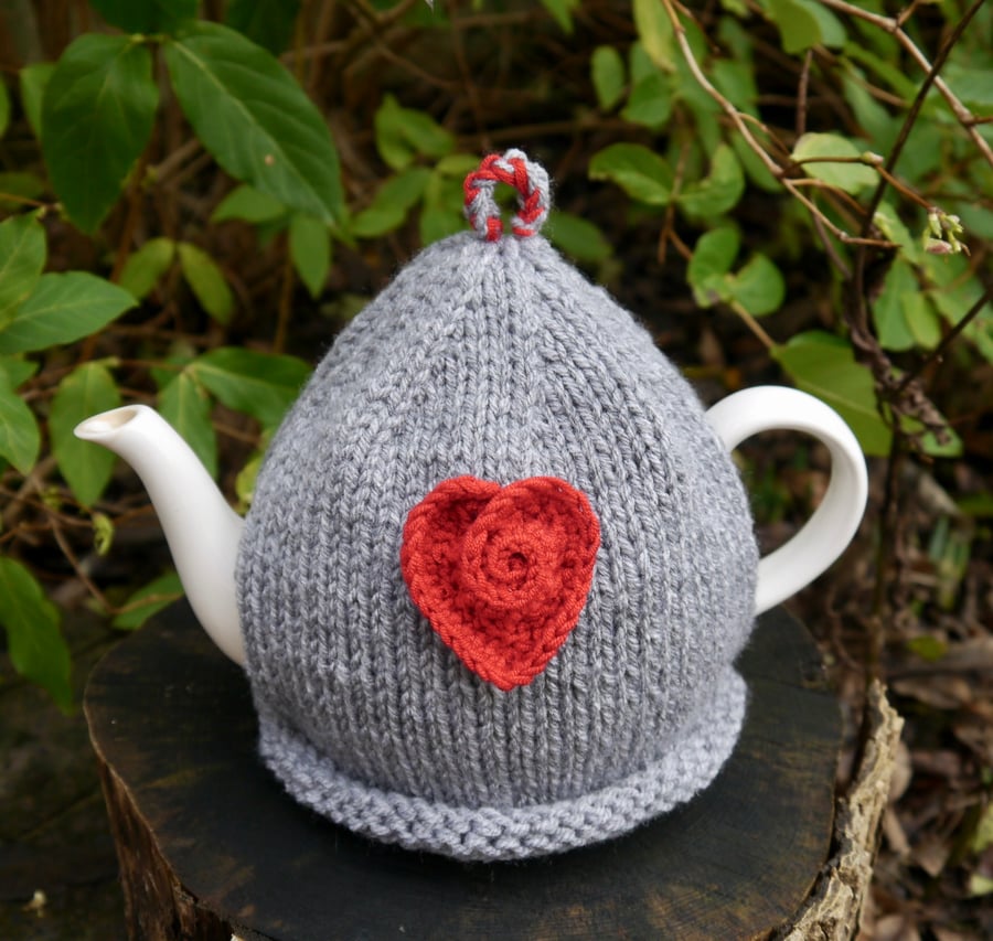Large Grey Tea Cosy With Red Rose Heart