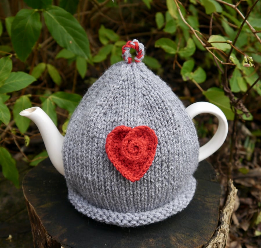 Large Grey Tea Cosy With Red Rose Heart Folksy
