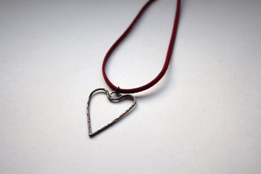 Oxidised Copper Heart Pendant With Hammered Texture on Wine Red Microfiber Cord