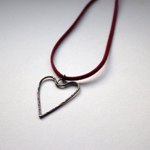 Oxidised Copper Heart Pendant With Hammered Texture on Wine Red Microfiber Cord