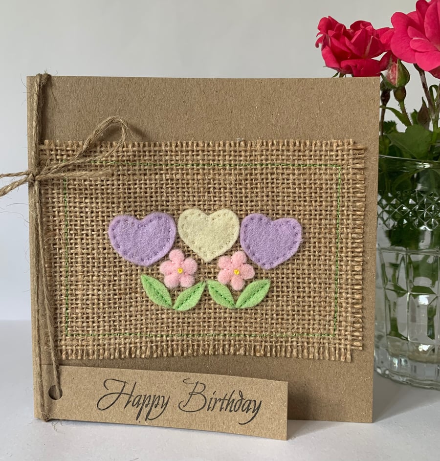Handmade Birthday Card. Hearts and flowers. Wool felt. Keepsake card.