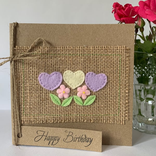 Handmade Birthday Card. Hearts and flowers. Wool felt. Keepsake card.