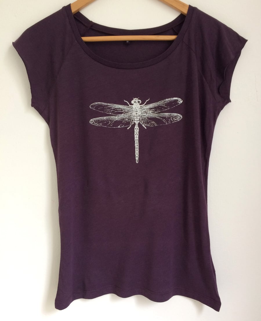 Dragonfly womens ethical T shirt eggplant  bamboo viscose and organic cotton