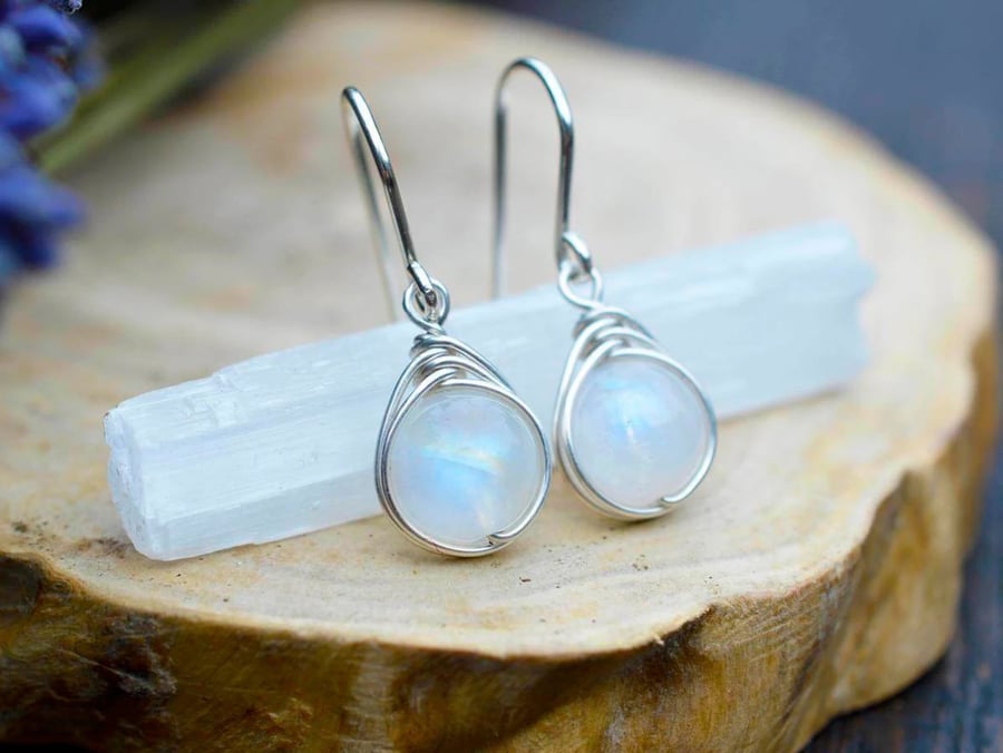 Rainbow Moonstone Drop Earrings in Sterling Silver