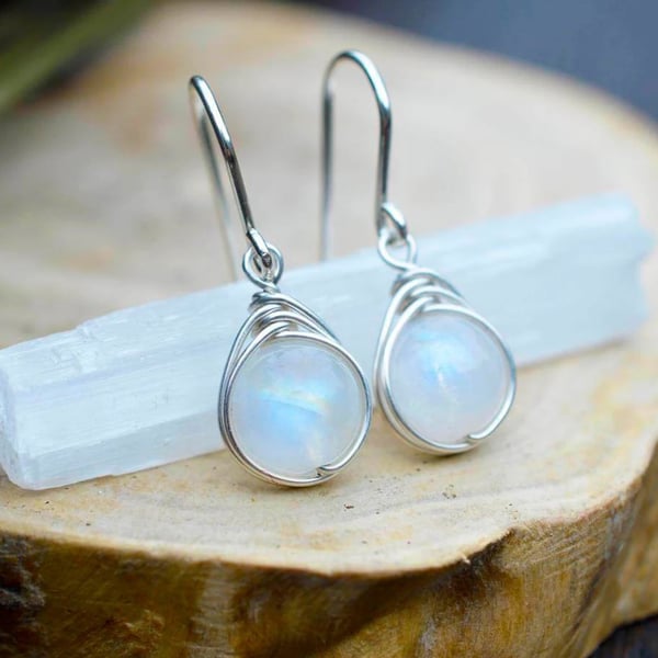 Rainbow Moonstone Drop Earrings in Sterling Silver