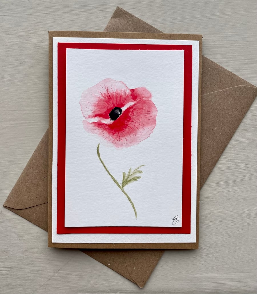 Blank floral card, a single Poppy flower, hand painted original artwork.