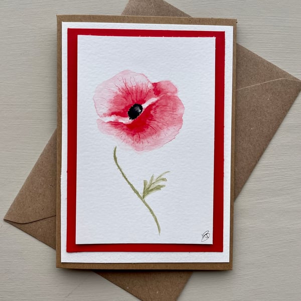 Blank floral card, a single Poppy flower, hand painted original artwork.