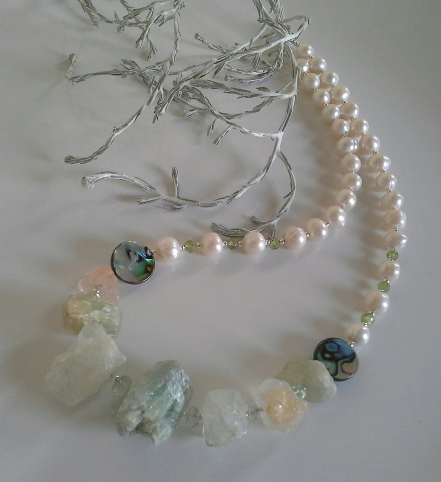 Organic Aquamarine , Pearl,  Peridot,  Abolone Shell Sterling Silver Necklace