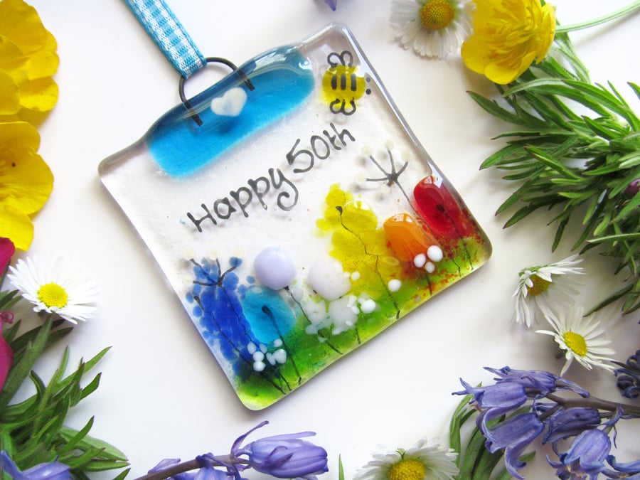 Pesonalised MINI Fused Glass Suncatcher (Rainbow Country Meadow) - Made to Order