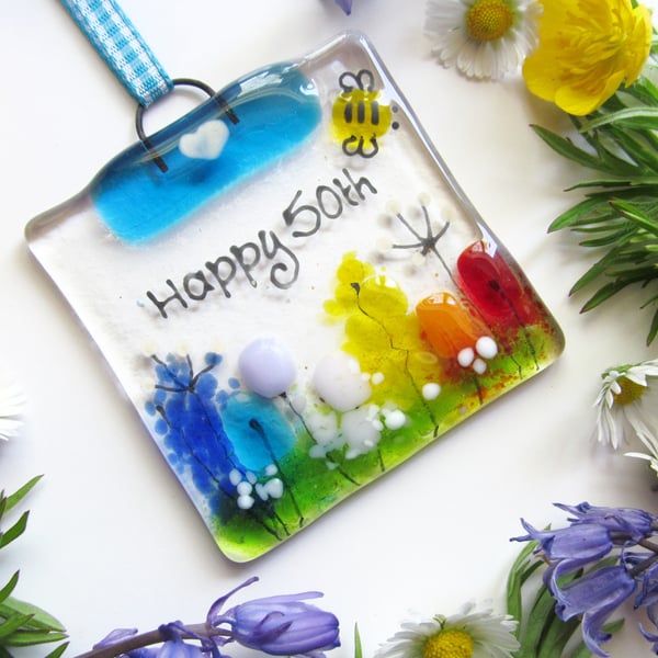 Pesonalised MINI Fused Glass Suncatcher (Rainbow Country Meadow) - Made to Order