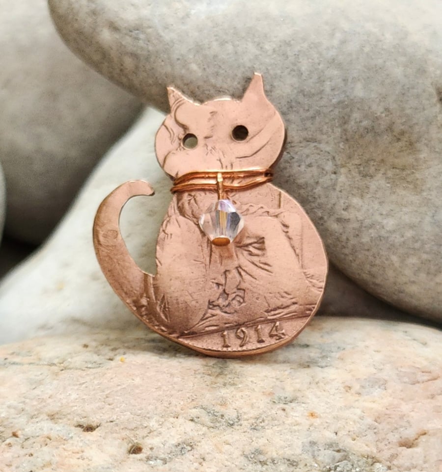 Cat penny coin upcycled pin brooch