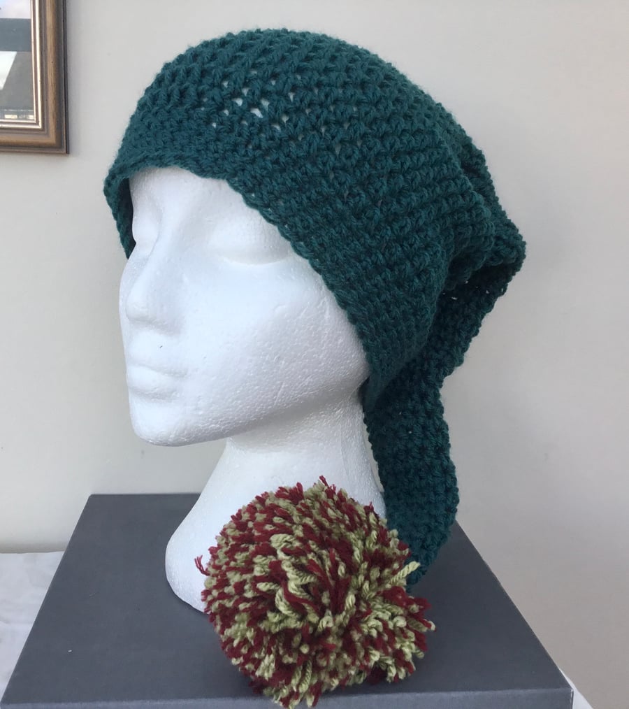 Deep Green Elf Style Crocheted Beanie Hat with Pom Pom!