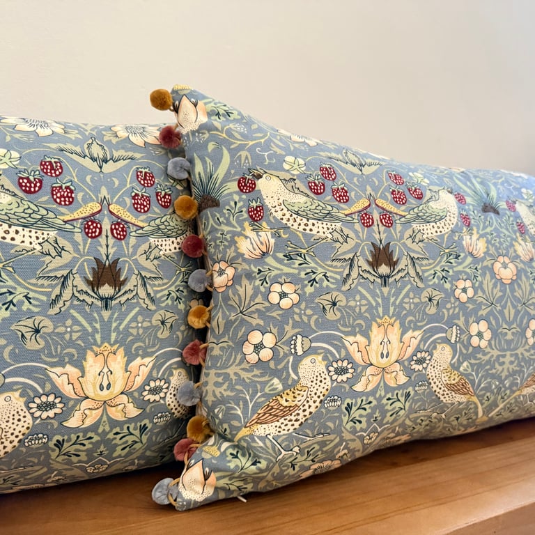 William Morris Strawberry Thief - Lumbar Cushion Cover, With Pom Pom Trim