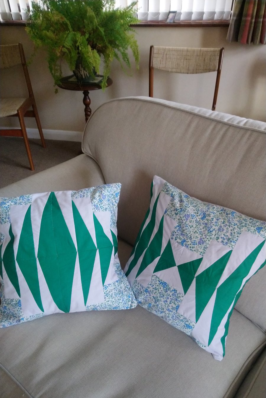 Green & blue patchwork cushion covers. Choice of 2 designs. BOTH still available
