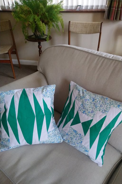 Green & blue patchwork cushion covers. Choice of 2 designs. BOTH still available