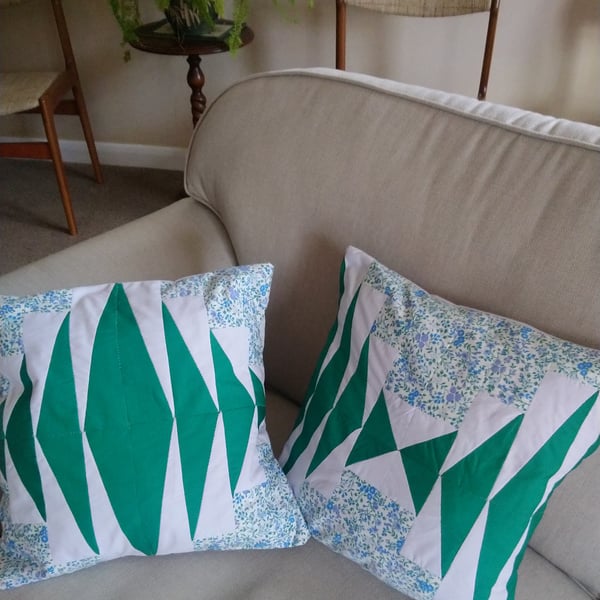 Green & blue patchwork cushion covers. Choice of 2 designs. BOTH still available