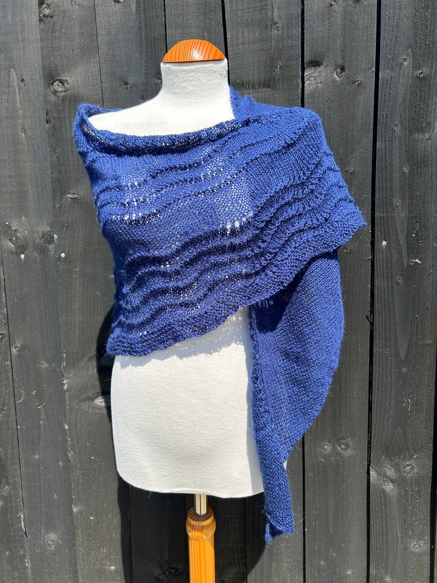 Feather Light Soft Navy Blue Merino Handknitted Lace Shawl Wrap Scarf